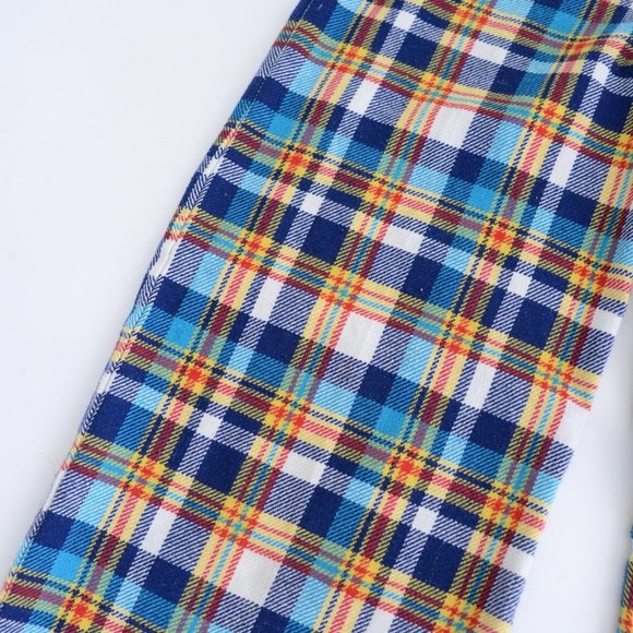 70's Inspired Yellow &  Blue Checker Print Wide Leg Pants - Picture 7 of 14